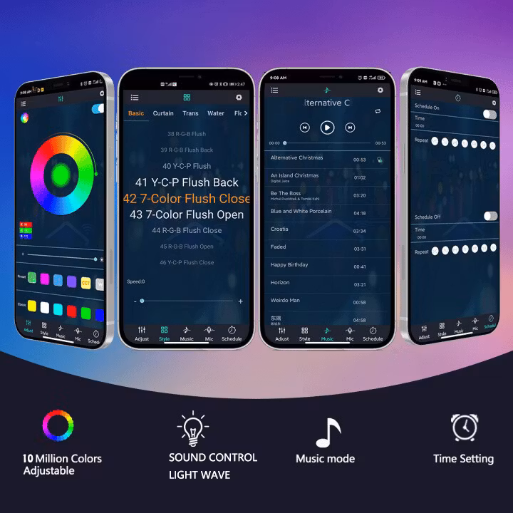 Four app screens showing colour selection, lighting effects, music and timer settings.