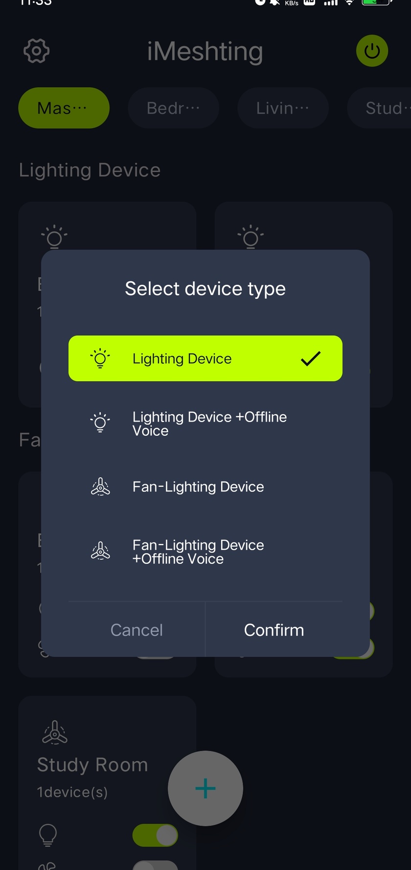 iMeshting device-type dialog offering lighting, lighting with offline voice, fan light and fan light with offline voice