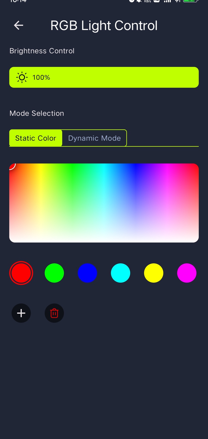 iMeshting static-color screen with brightness, color selection, default colors and add or remove controls