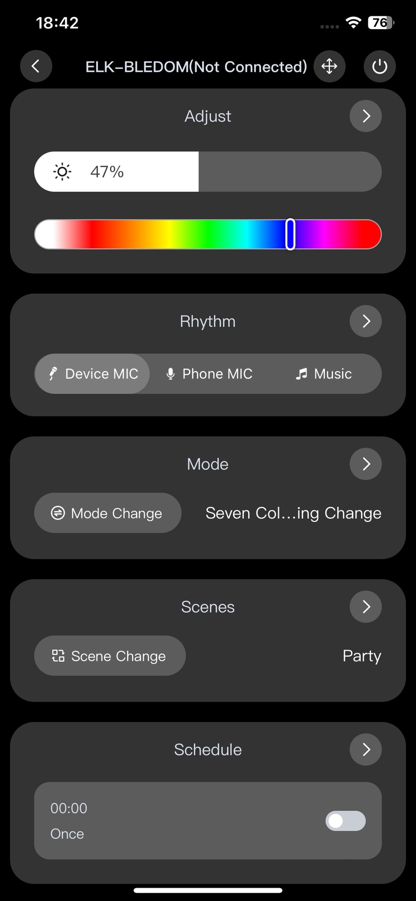 LightsPlay collapsed control panel with colour, rhythm, mode, scene and timer modules