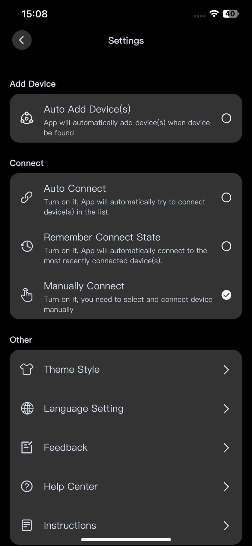 LightsPlay settings with automatic device addition, connection options, theme and language