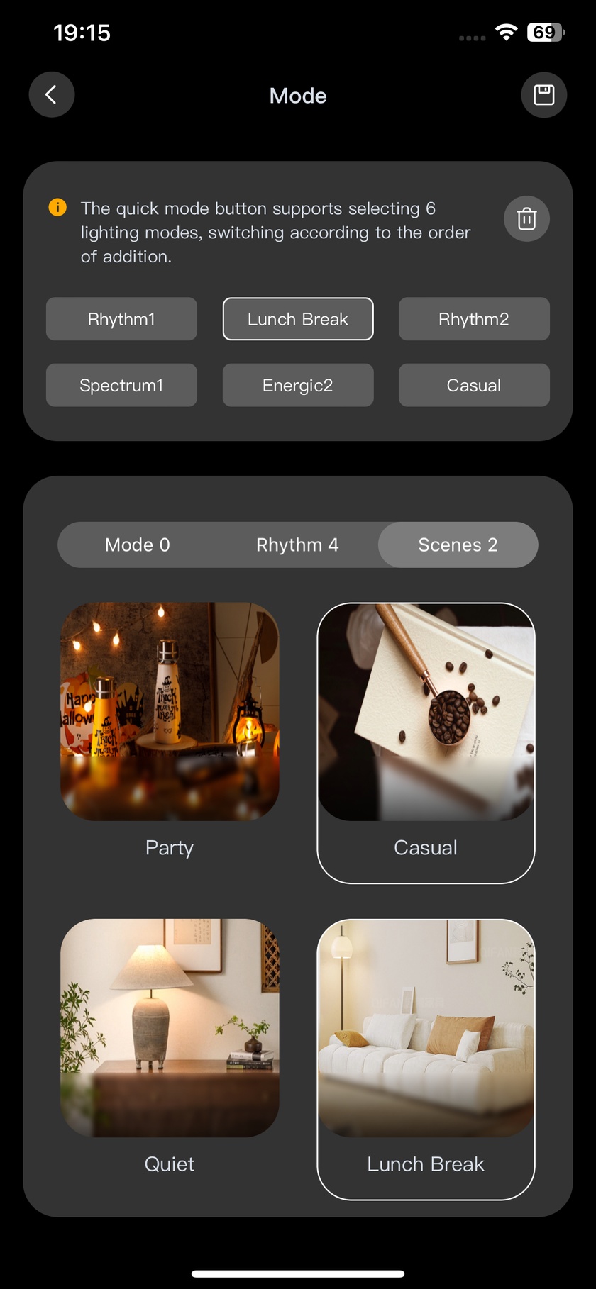 LightsPlay three-in-one shortcut configuration with mode, rhythm and scene categories