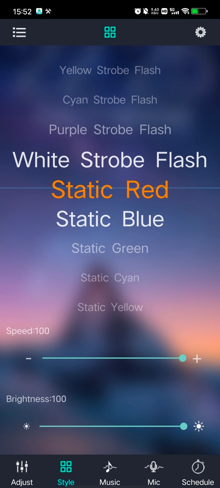 Lotus Lantern Style tab: a scrolling list of modes such as White Strobe Flash and Static Red, with Speed and Brightness sliders.