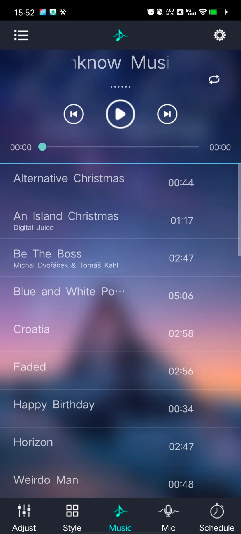 Lotus Lantern Music tab: music library, playback controls and progress bar.