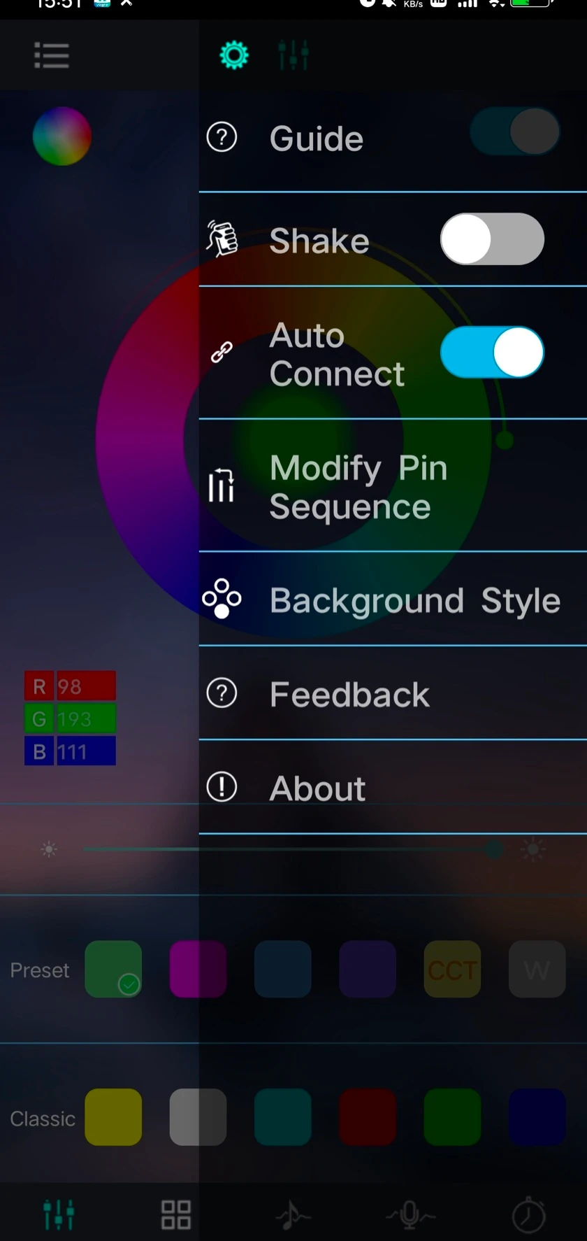 Lotus Lantern settings pop-up listing Guide, Shake, Auto Connect, Modify Pin Sequence, Background Style, Feedback and About.