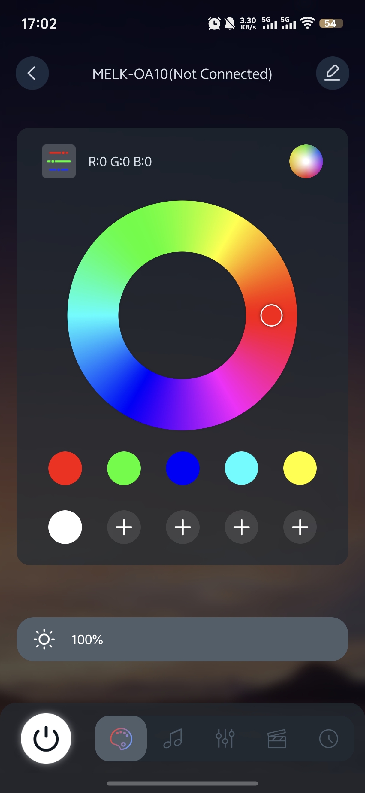 LotusLamp X colour panel: R, G and B readout, colour ring, five preset swatches, a white swatch, four empty custom slots and a brightness bar at 100 per cent.