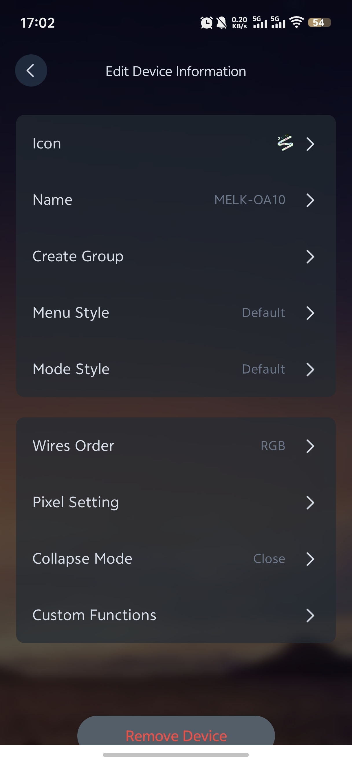 LotusLamp X Edit Device Information screen: Icon, Name, Create Group, Menu Style, Mode Style, Wires Order set to RGB, Pixel Setting, Collapse Mode, Custom Functions and Remove Device.