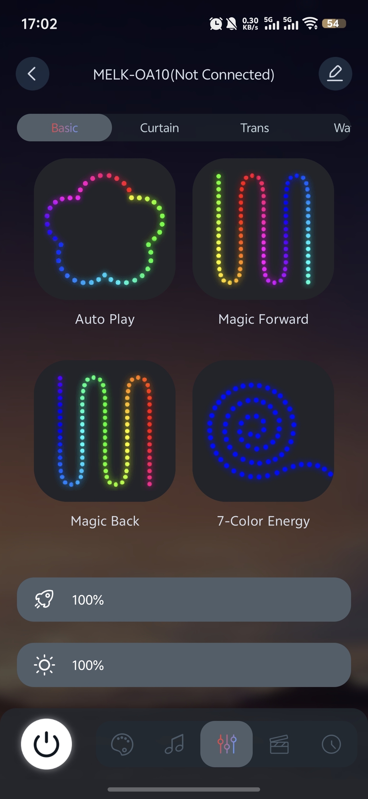 LotusLamp X mode screen: category tabs Basic, Curtain, Trans and Water, animated tiles for Auto Play, Magic Forward, Magic Back and 7-Color Energy, and speed and brightness bars.