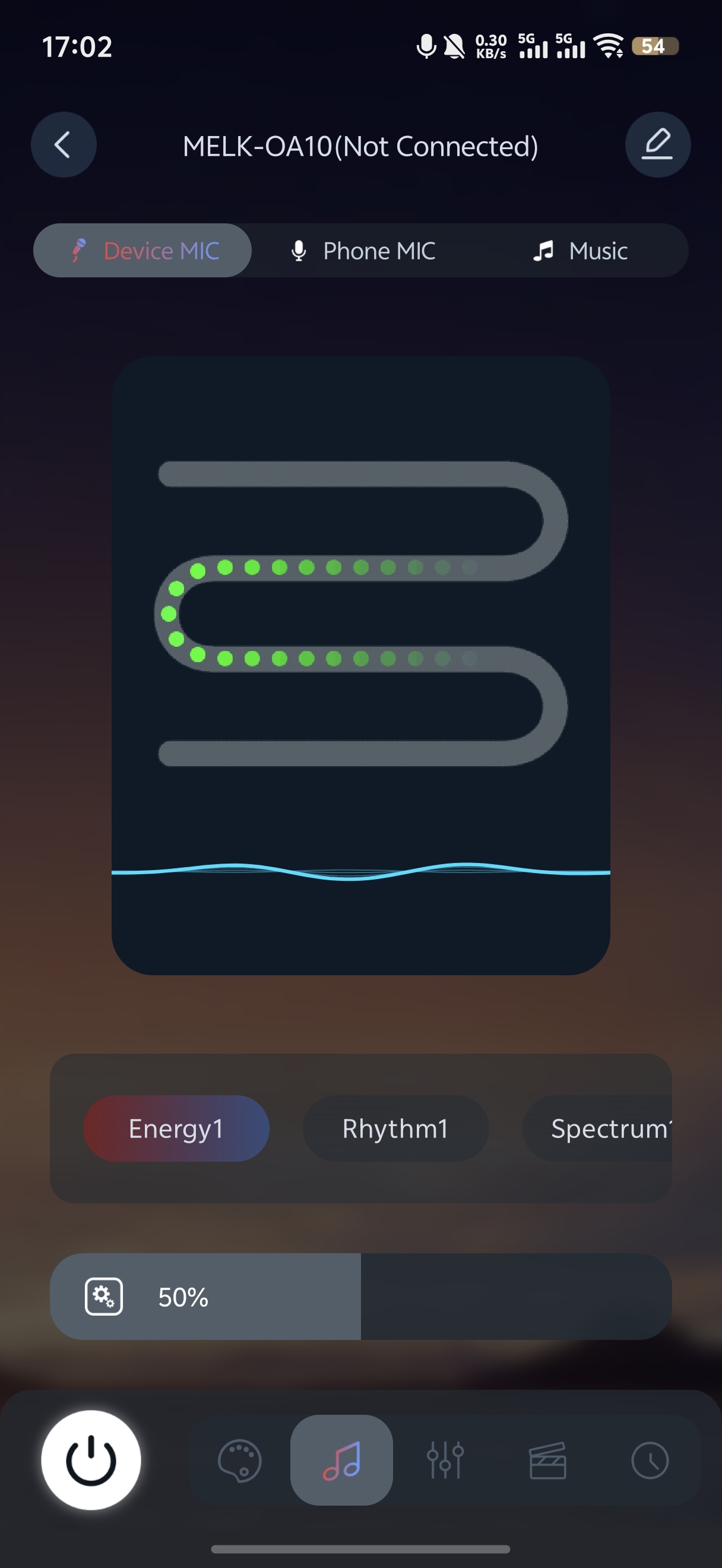 LotusLamp X rhythm screen: Device MIC, Phone MIC and Music tabs, an animated strip preview with a waveform, the styles Energy1, Rhythm1 and Spectrum1, and a sensitivity bar at 50 per cent.