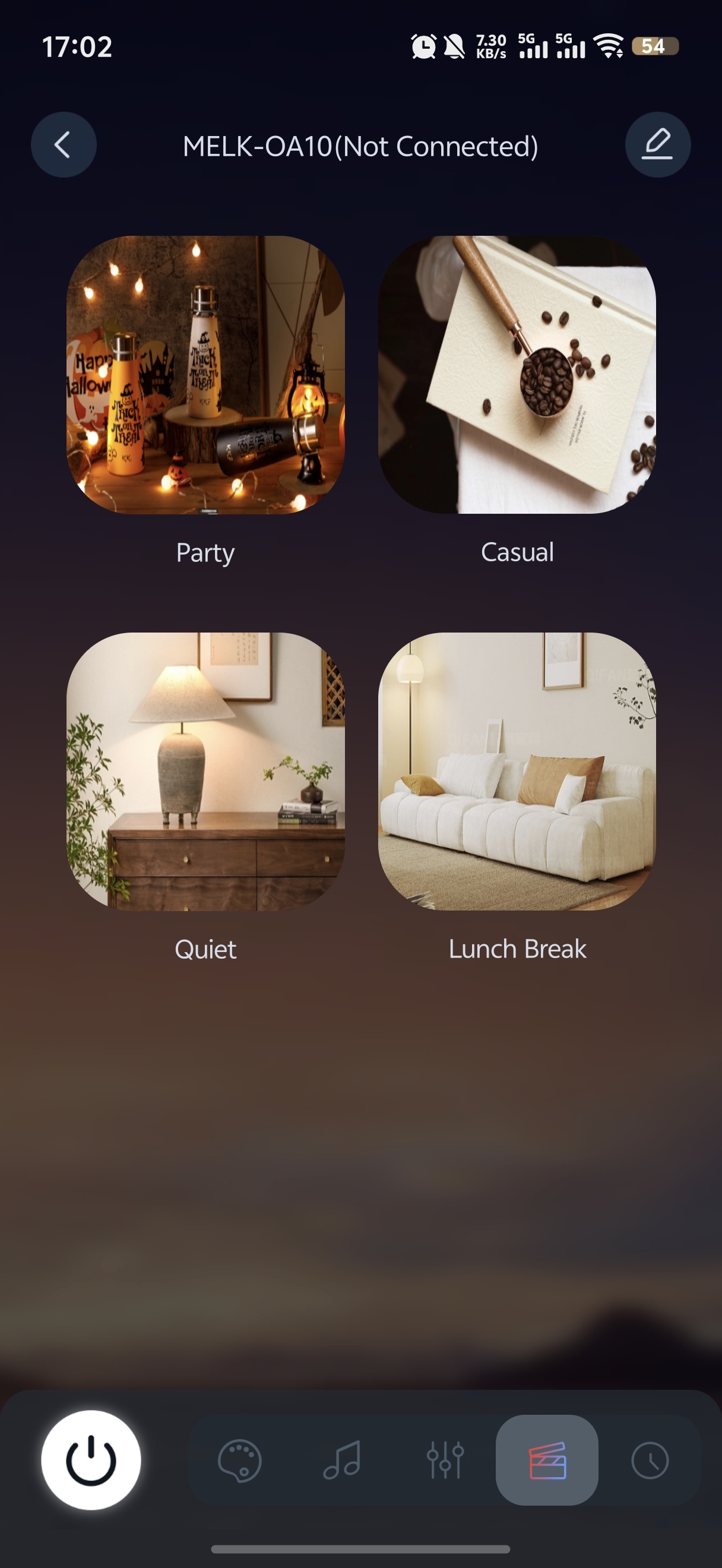 LotusLamp X scene screen with preset lighting scenes.