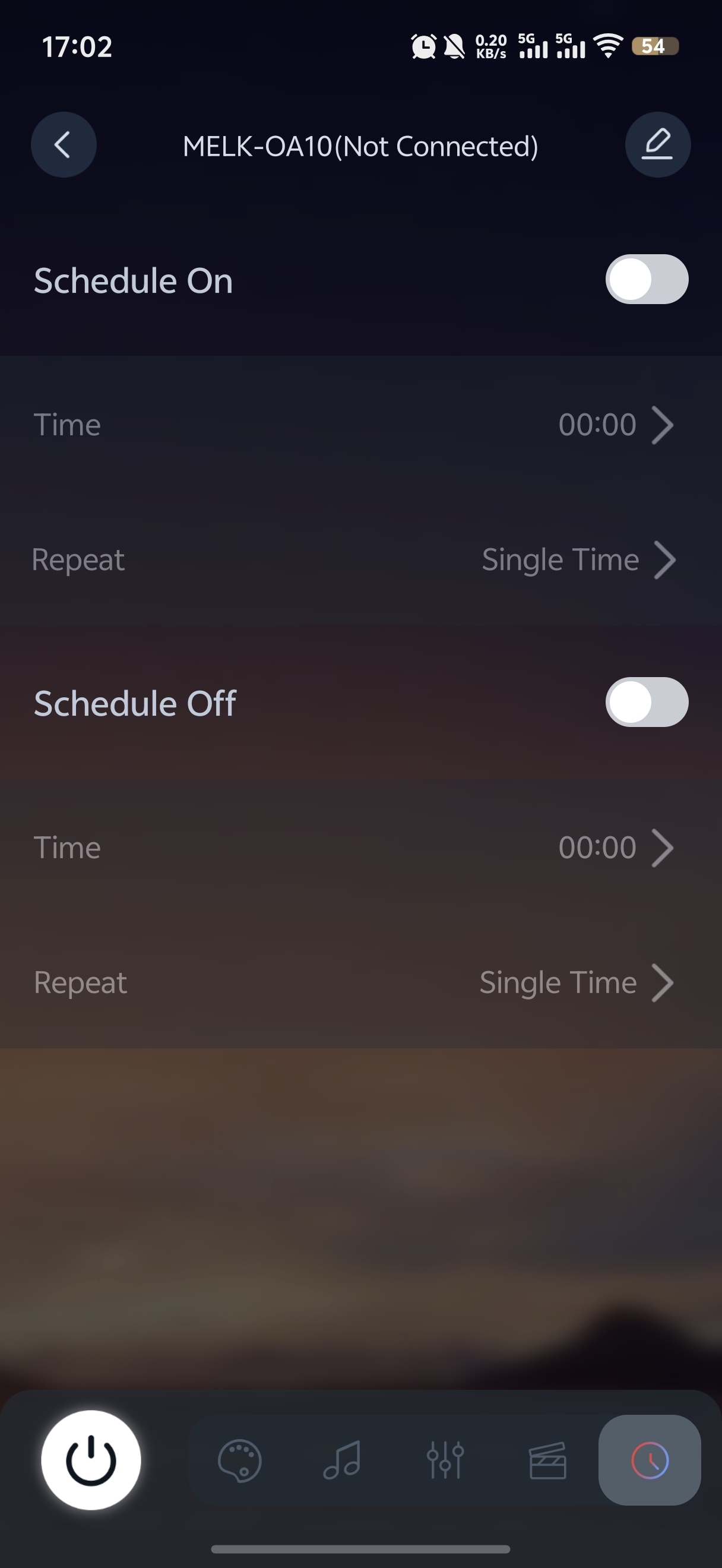 LotusLamp X schedule screen: Schedule On and Schedule Off toggles, each with a Time of 00:00 and a Repeat setting of Single Time.