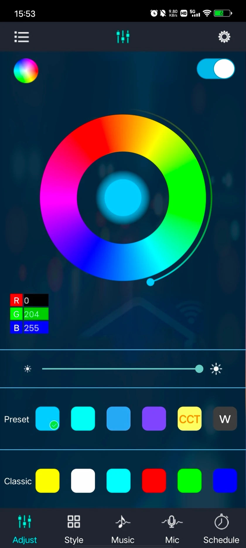 Magic Lantern Adjust tab: colour ring, R, G and B values, brightness slider, and Preset and Classic swatch rows.