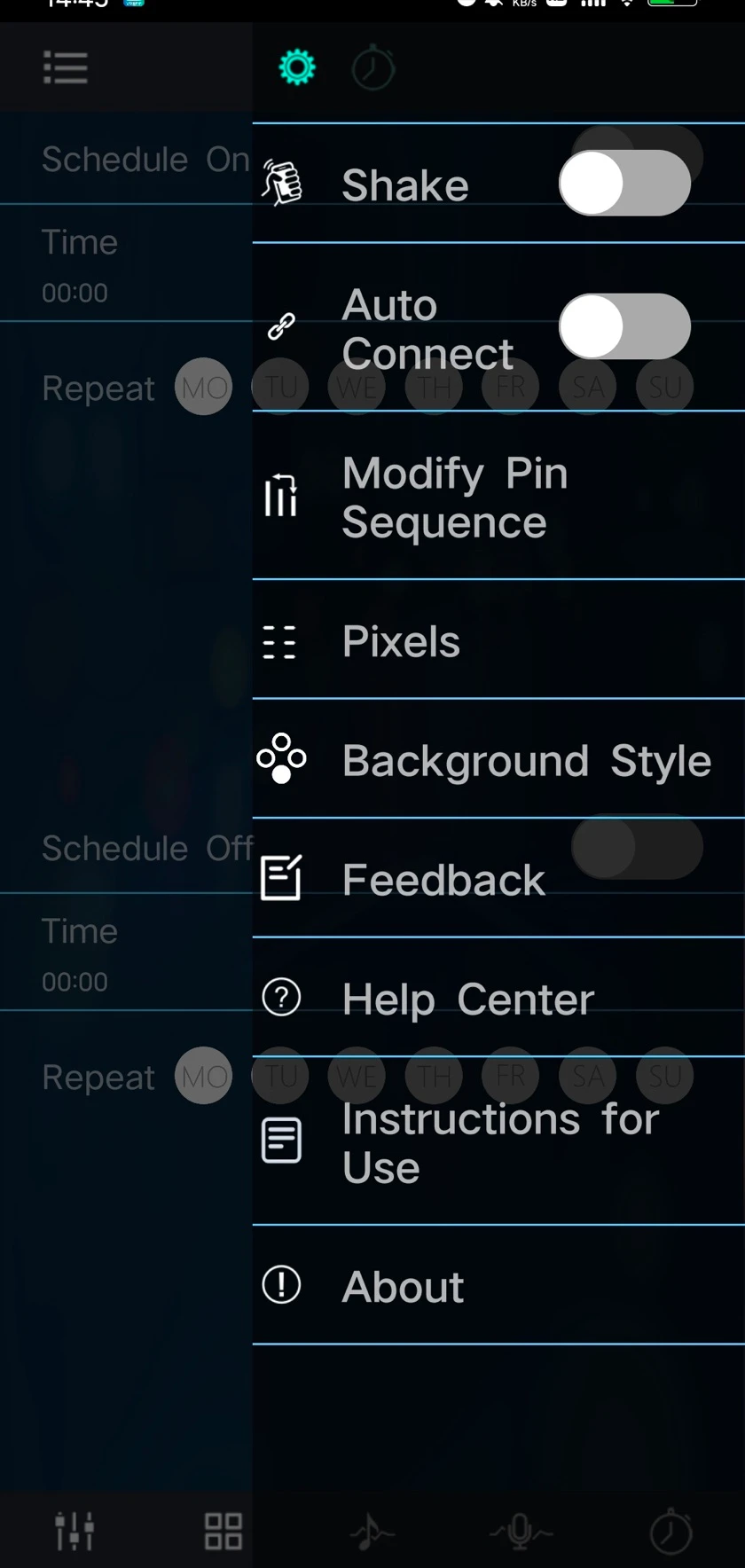 Magic Lantern settings pop-up listing Shake, Auto Connect, Modify Pin Sequence, Pixels, Background Style, Feedback, Help Center, Instructions for Use and About.