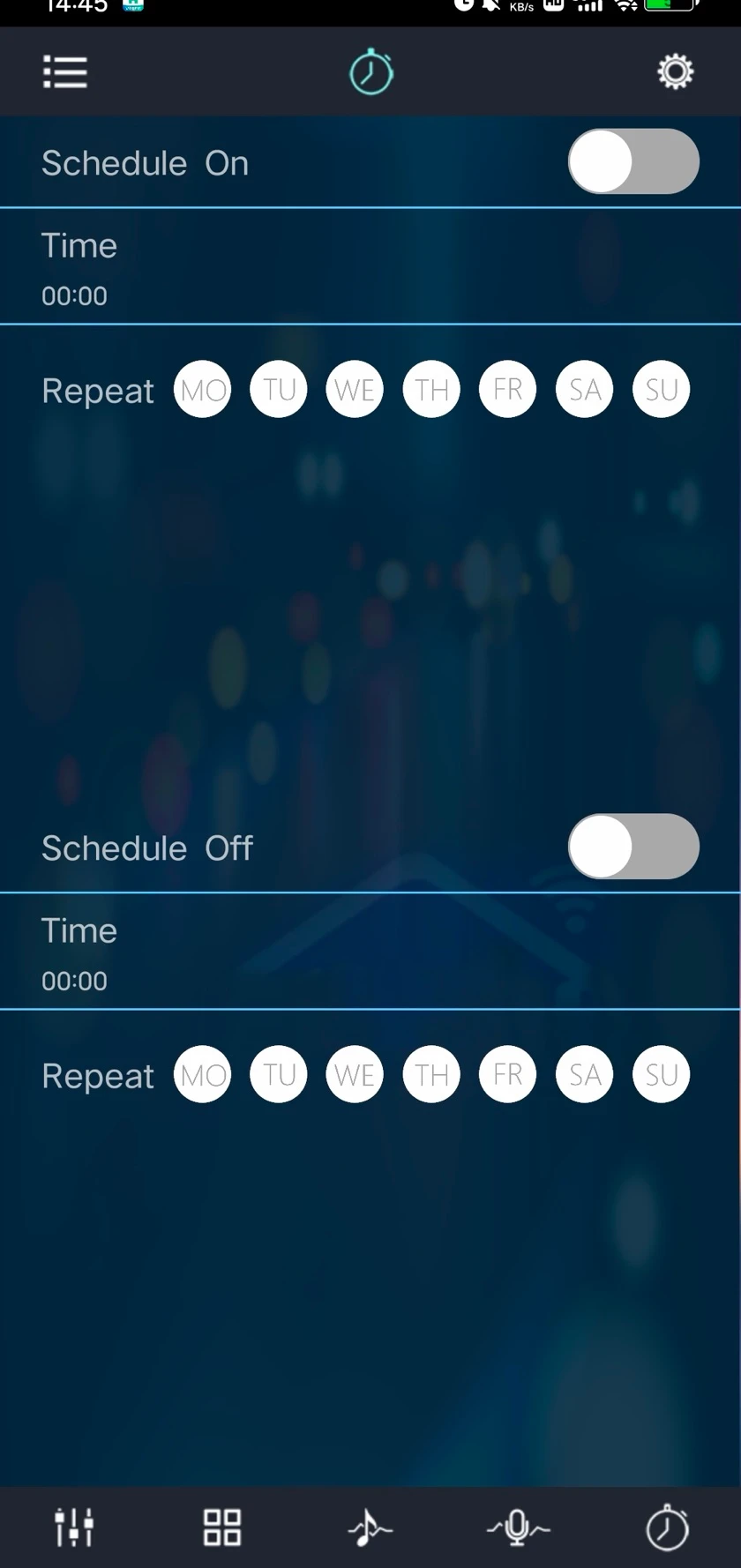 Magic Lantern Schedule tab: Schedule On and Schedule Off, each with a toggle, a time and a row of weekday buttons for repeat.