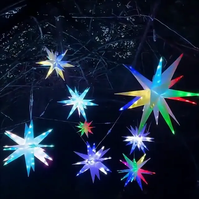 A star-shaped LED light cycling through colours.