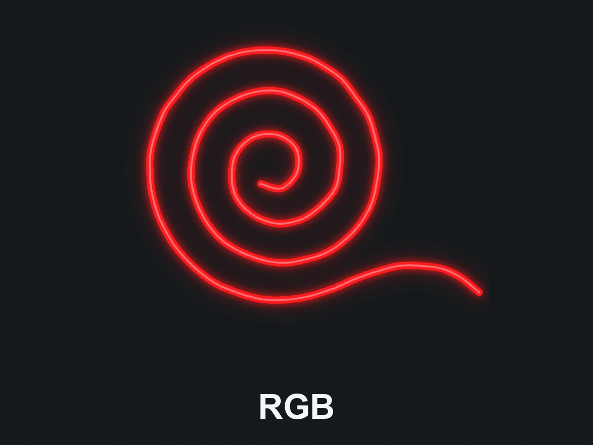 Three-channel RGB illustration: a continuously glowing coiled light strip changes colour in sync along its entire length.