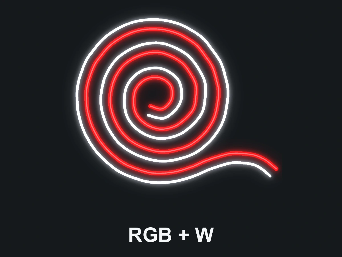 Four-channel RGB illustration: a continuously glowing coiled light strip changes colour in sync along its entire length while an additional continuous white light stays lit.
