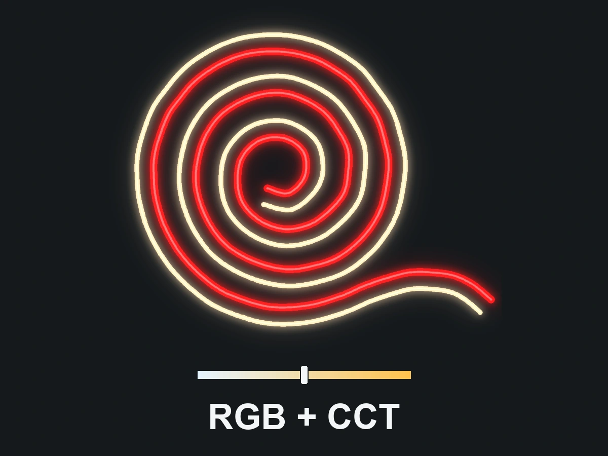 Five-channel RGB illustration: a continuously glowing coiled light strip changes colour in sync along its entire length alongside continuous lighting with adjustable warm and cool white.