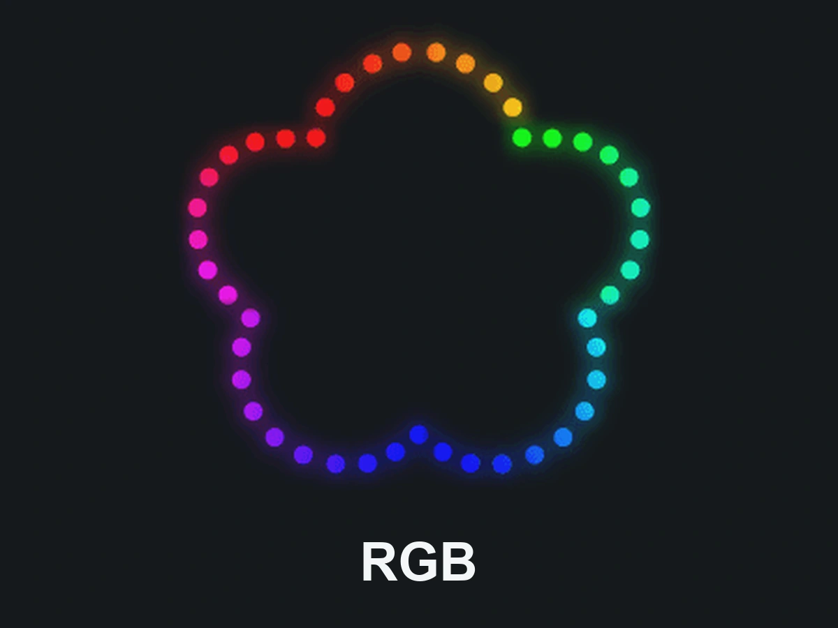 Three-channel RGBIC illustration: independently controlled LEDs showing red, green and blue simultaneously on one strip.