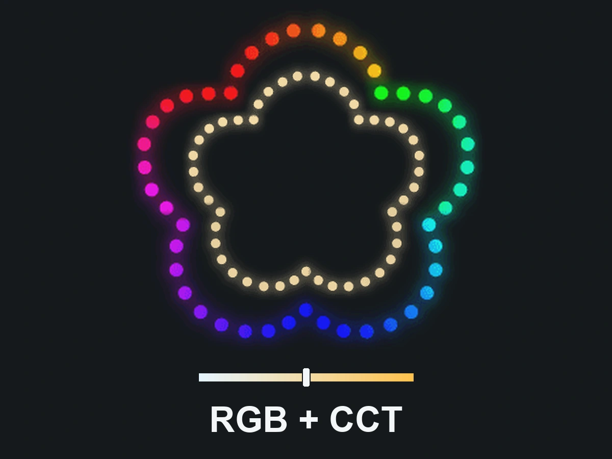 Five-channel RGBIC illustration: a full ring of independently controlled multicolour LEDs stays lit while an additional lighting ring blends warm and cool white with an adjustable ratio.