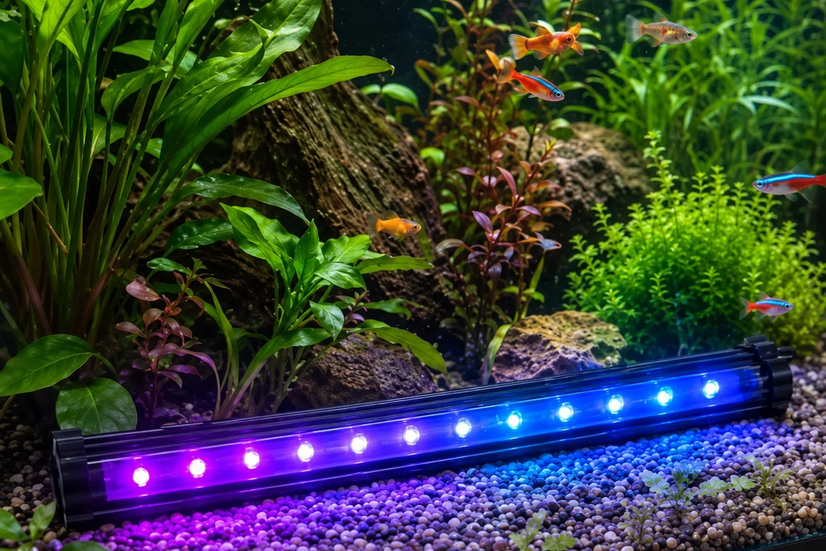 A planted aquarium with a submersible LED tube lying along the front of the gravel, lit in a violet-to-blue gradient, with small fish above it.