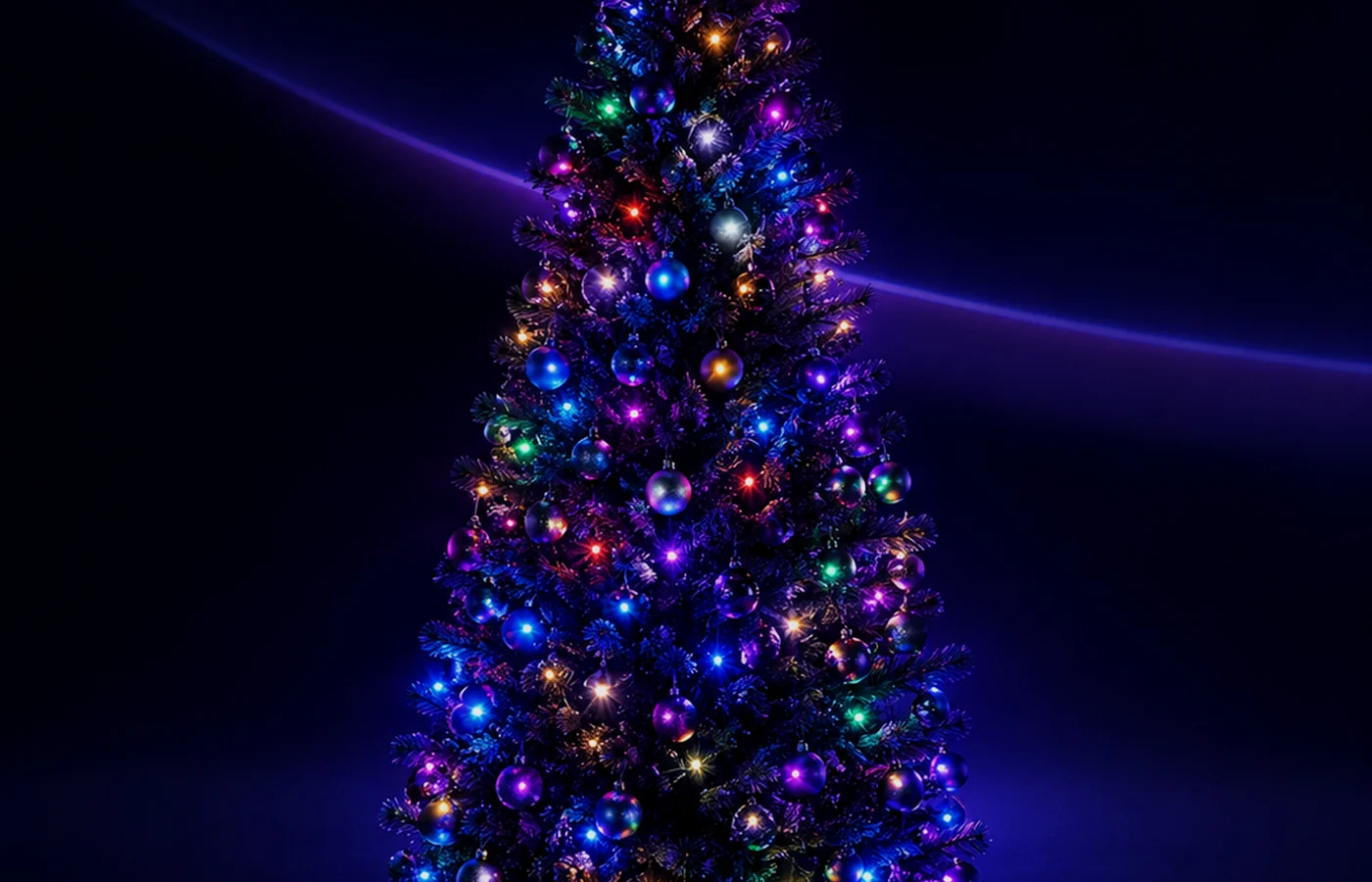 Lighting concept render of a Christmas tree decorated with colourful LED strings.