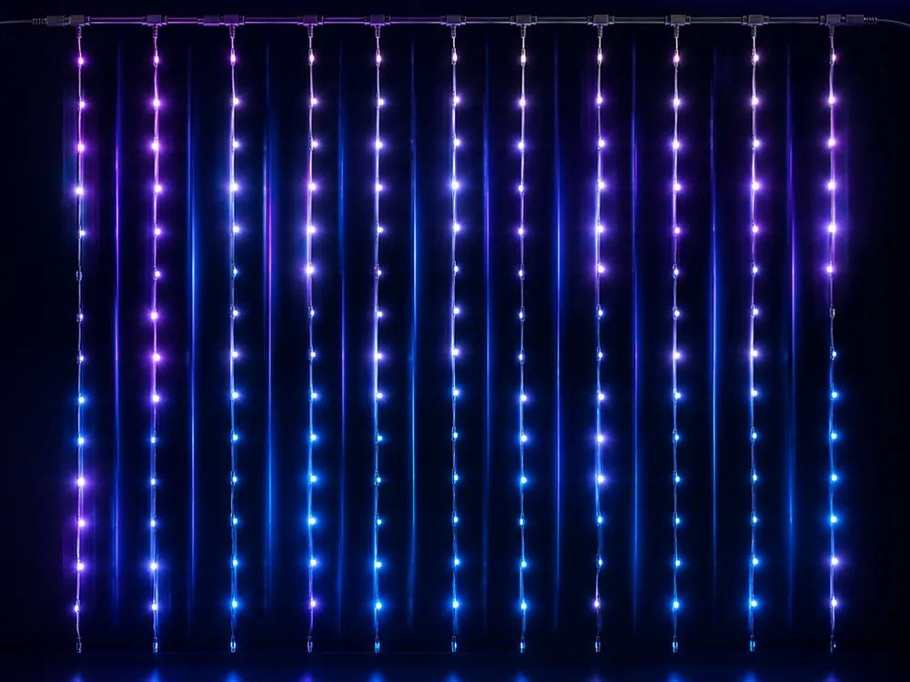 Lighting concept render of colourful curtain lights hanging across a window.