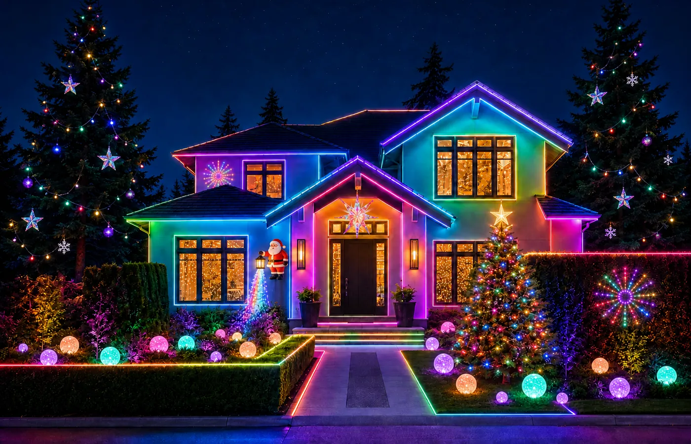 Lighting concept render of a home with colourful roofline, window and garden lights at dusk.