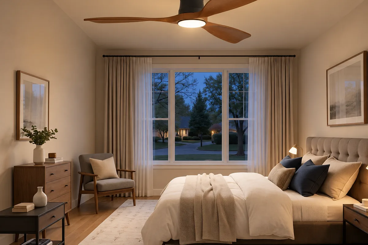 A bedroom in the evening with a three-blade wooden ceiling fan whose integrated LED light is on in warm white.