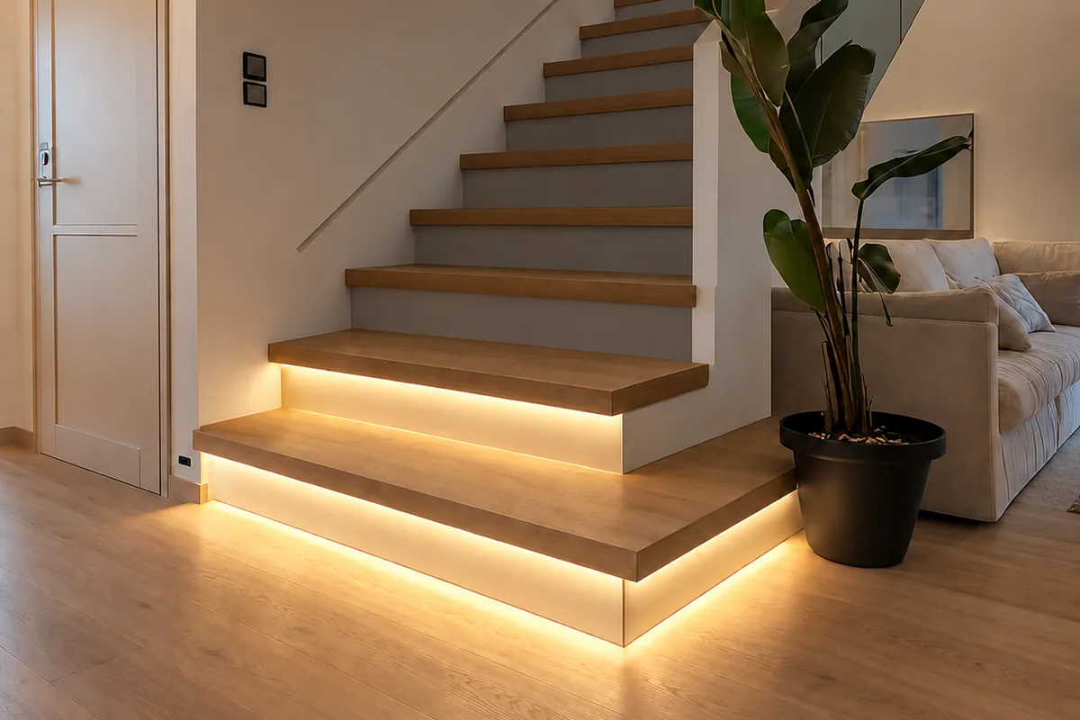 A wooden staircase at dusk with warm white light under the lower treads and the upper treads still dark, the running effect part-way up the flight.