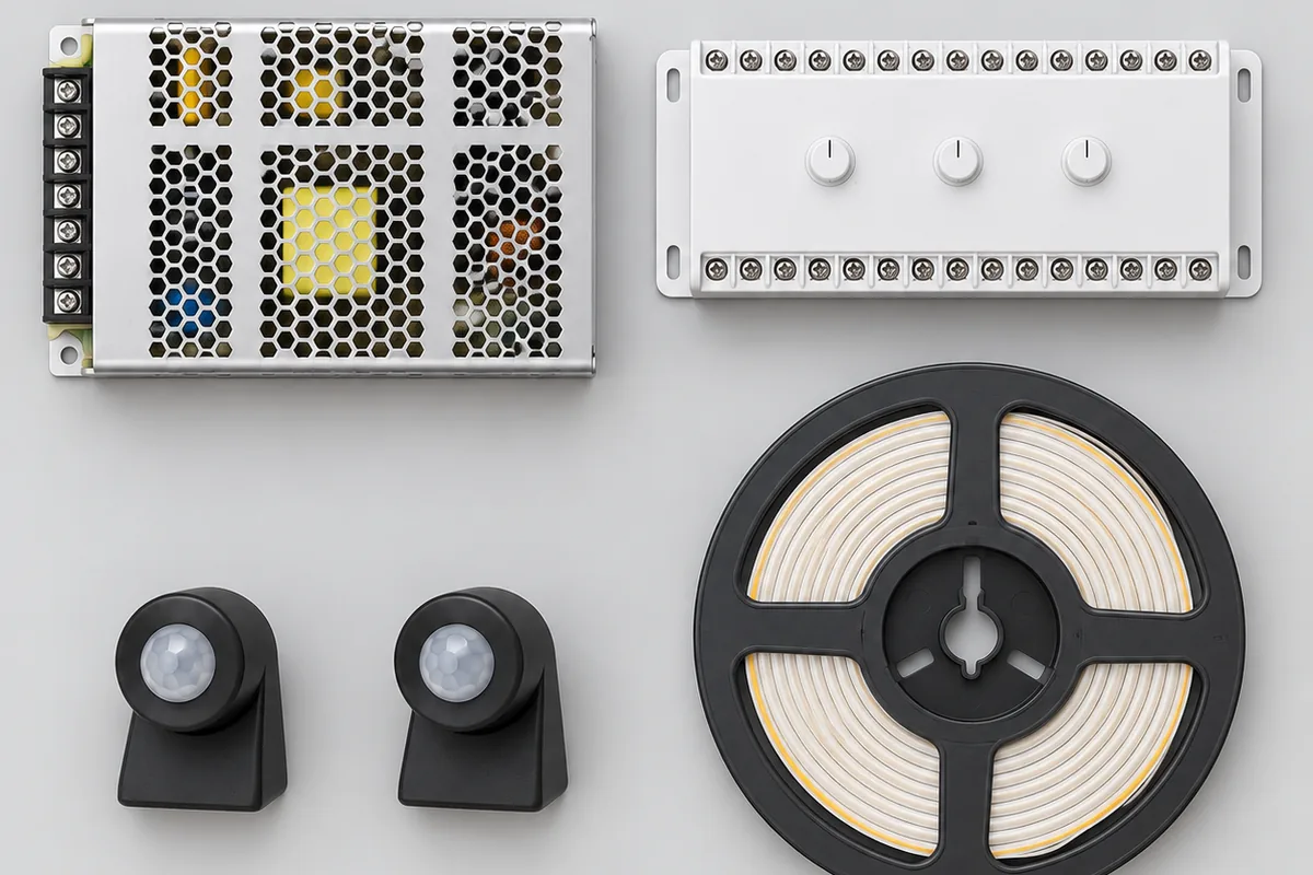 Top-down view of a stair lighting kit on a plain surface: a slim multi-channel controller with two rows of screw terminals, a perforated 24 volt power supply, two small black motion sensor pods and a reel of white COB LED strip.