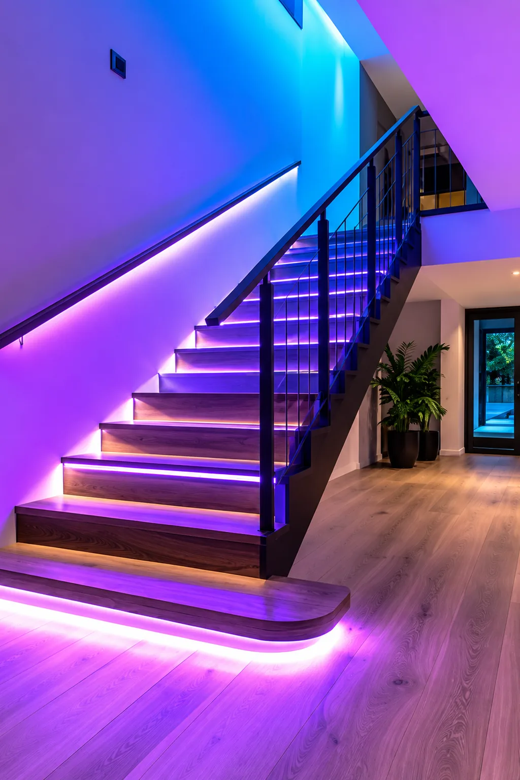 A modern staircase with a dark balustrade in an open-plan hall, lit by a continuous violet glow under every tread and along the wall-side skirting, wooden floor in the foreground.