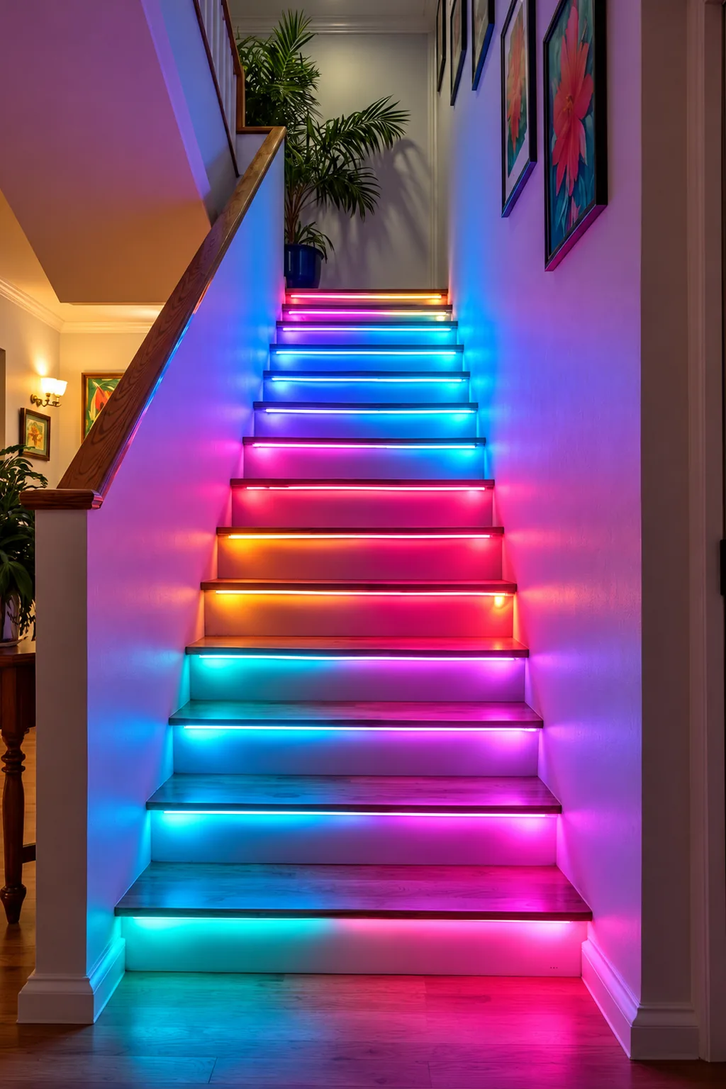 Lighting concept render of a staircase with colourful LED lighting beneath the steps.
