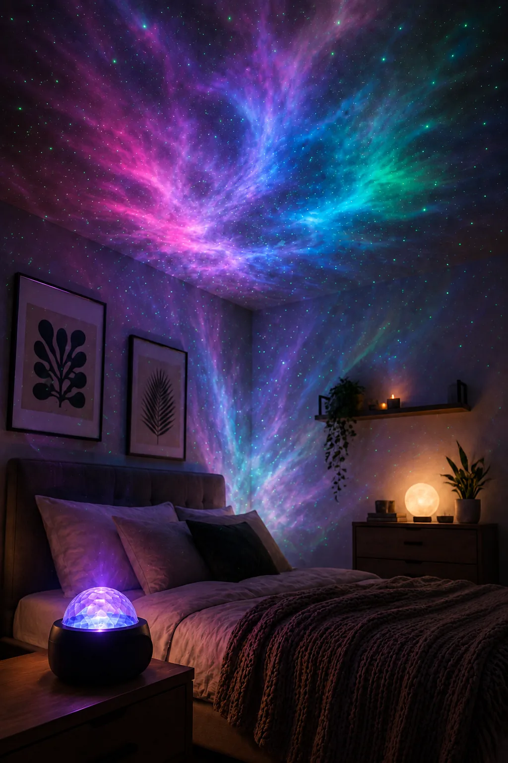 Lighting concept render of stars and coloured nebula patterns projected onto a bedroom ceiling.