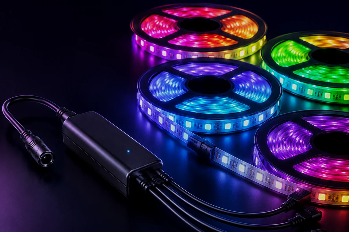 Reels of colour-changing LED strip connected to a multi-output controller.