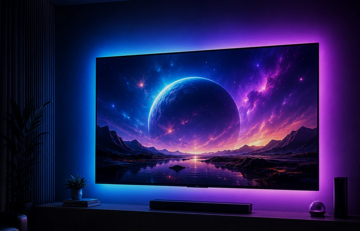 Lighting concept render of a television with ambient backlighting in a living room.